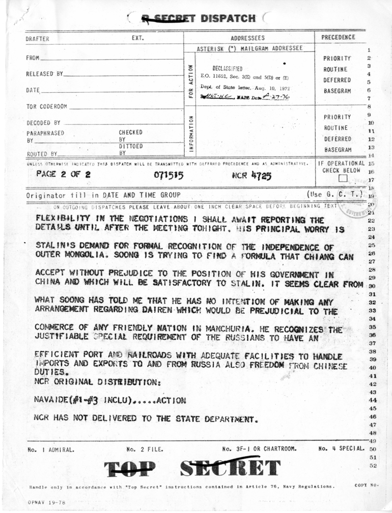 Telegram from Ambassador Harriman to President Harry S. Truman and Secretary of State James Byrnes [OUT-57]