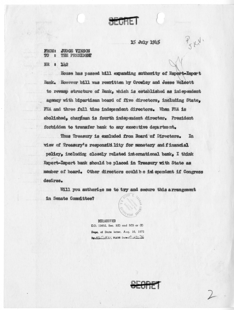 Memorandum from Fred Vinson to President Harry S. Truman [NR 142]