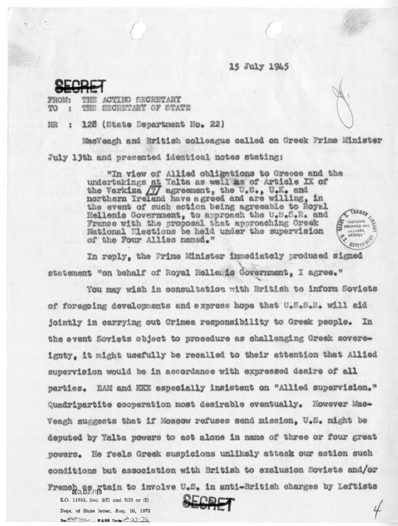 Telegram from Acting Secretary of State Joseph Grew to Secretary of State James Byrnes [NR 128]