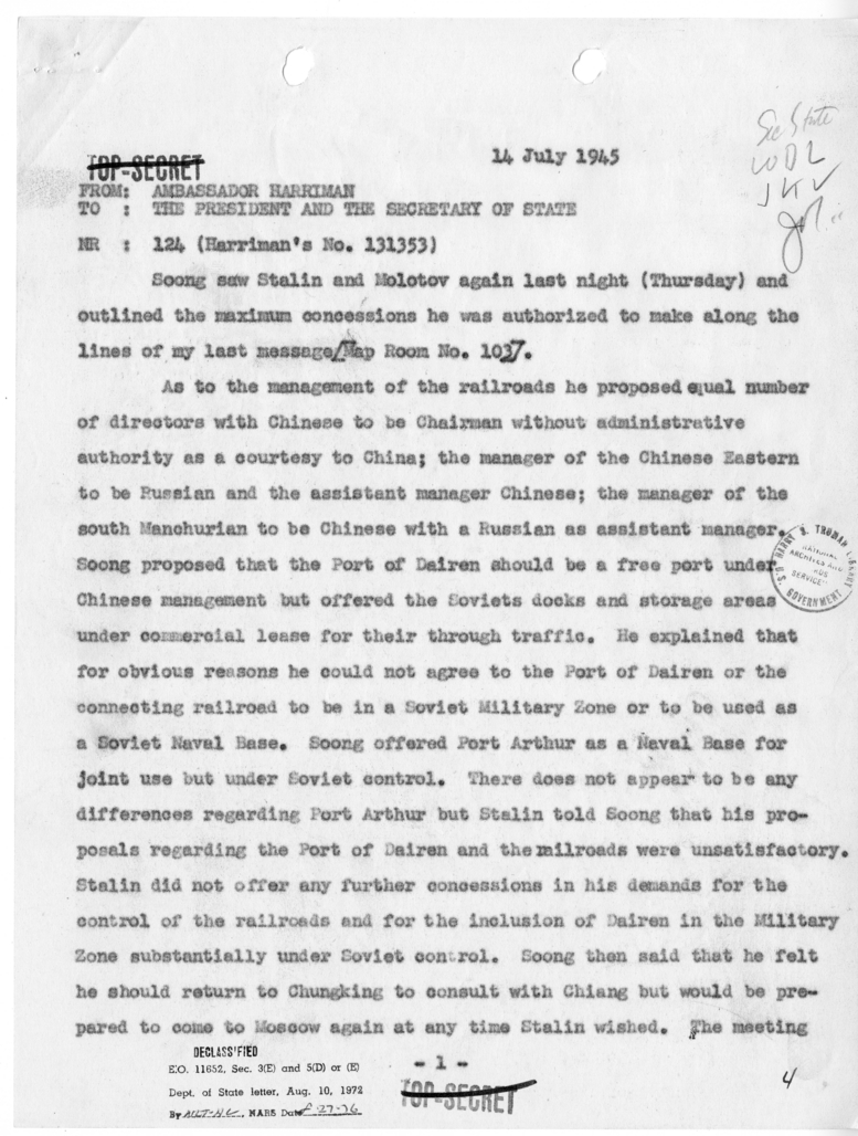 Telegram from Ambassador W. Averell Harriman to President Harry S. Truman and Secretary of State James Byrnes [NR 124]