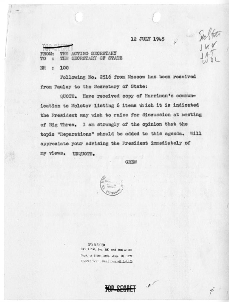 Telegram from Acting Secretary of State Joseph Grew to Secretary of State James Byrnes [NR 100]