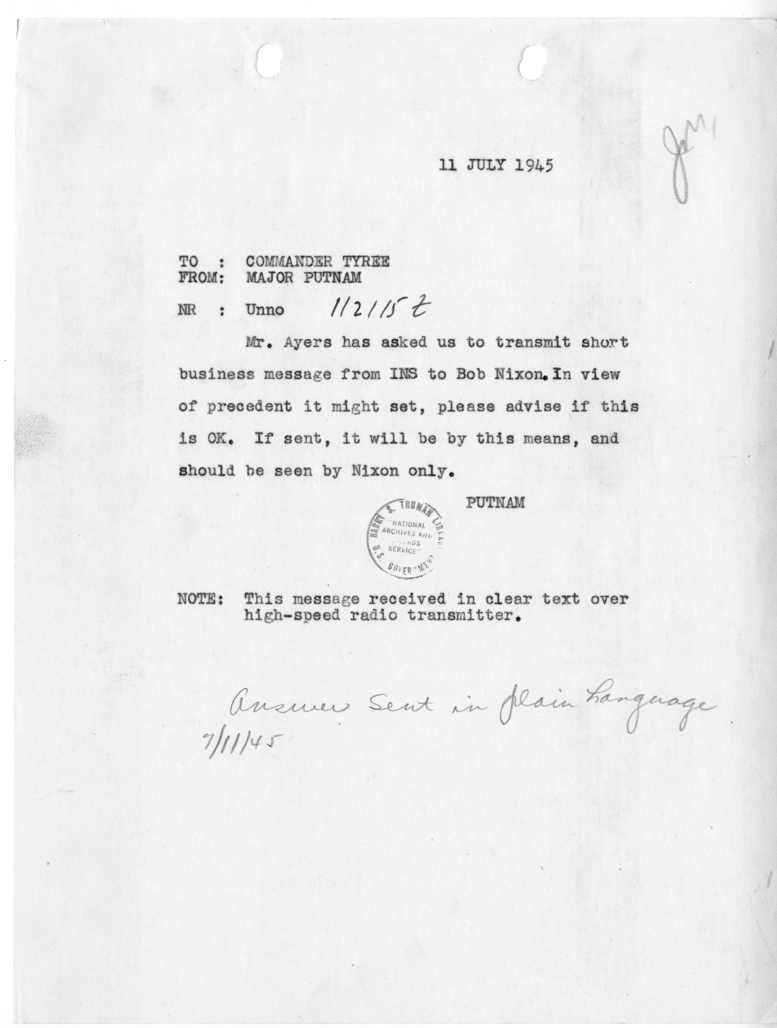 Telegram from Major Putnam to Commander John A. Tyree