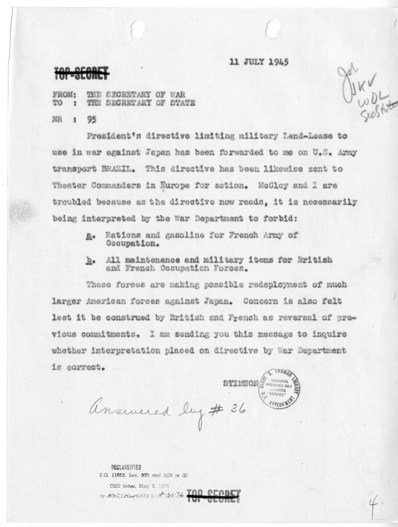 Telegram from Secretary of War Henry Stimson to Secretary of State James Byrnes [NR 95]