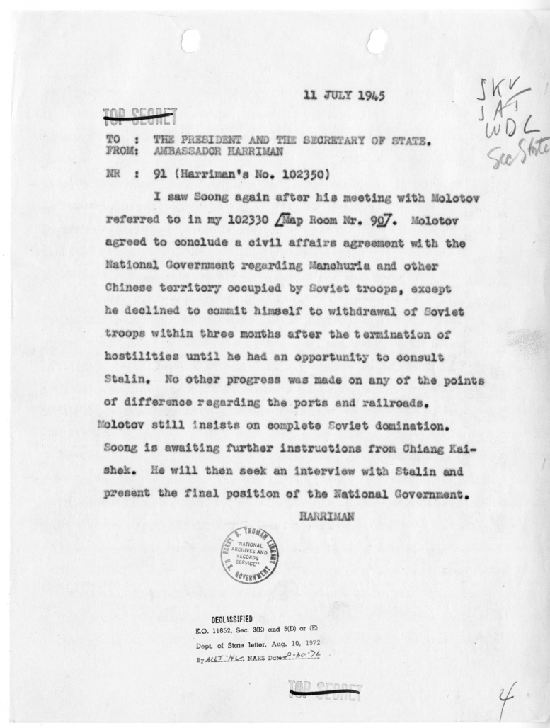 Telegram from Ambassador W. Averell Harriman to President Harry S. Truman and Secretary of State James Byrnes [NR 91]