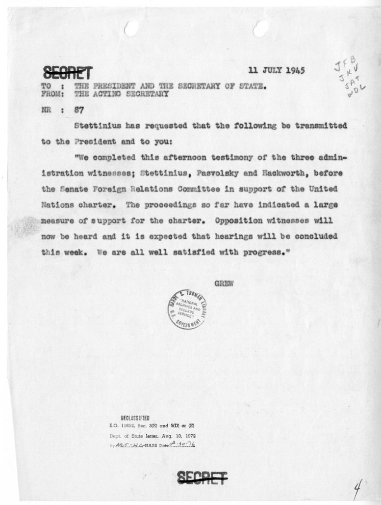 Telegram from Acting Secretary of State Joseph Grew to President Harry S. Truman and Secretary of State James Byrnes [NR 87]