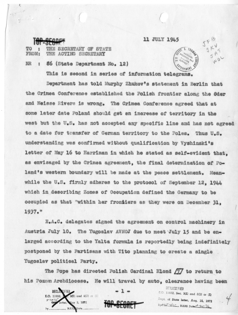 Telegram from Acting Secretary of State Joseph Grew to Secretary of State James Byrnes [NR 86]