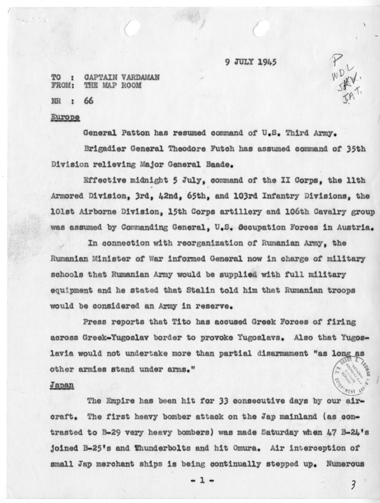 Telegram from the Map Room to Captain James K. Vardaman [NR 66]