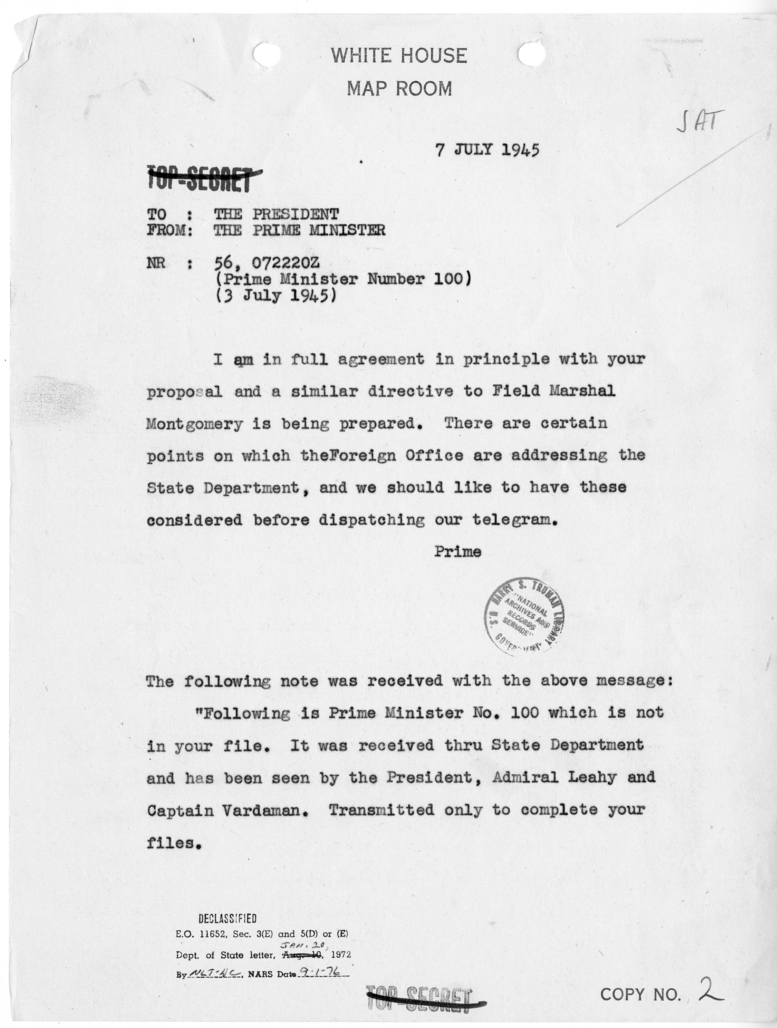 Telegram from Prime Minister Winston Churchill to President Harry S. Truman [NR 56]