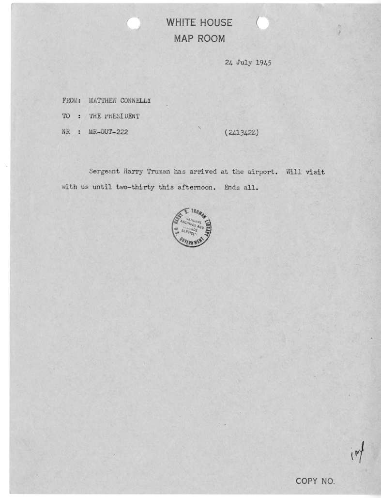 Cable from Matthew Connelly to President Harry S. Truman [MR-OUT-222]