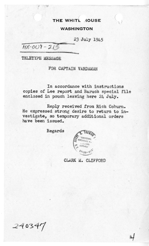 Teletype Message from Clark M. Clifford to Captain James Vardaman [MR-OUT-215]