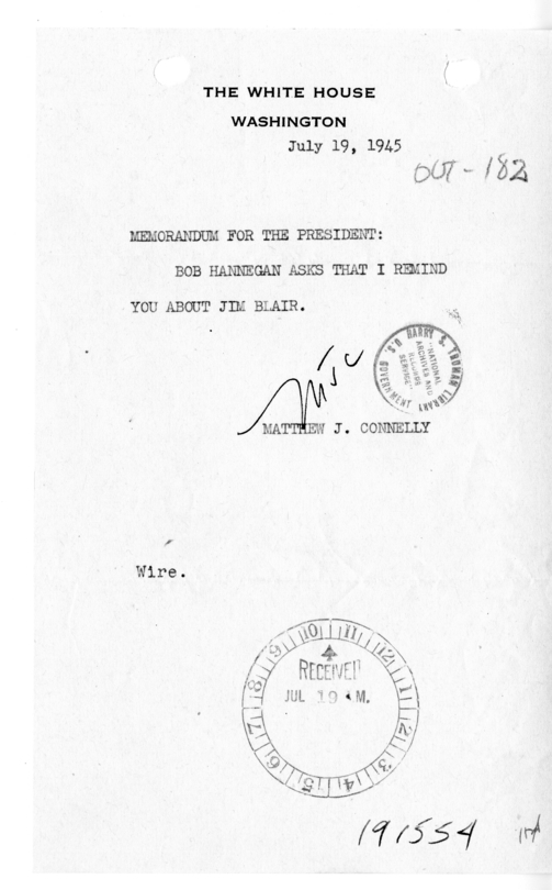 Memorandum from Matthew J. Connelly to President Harry S. Truman