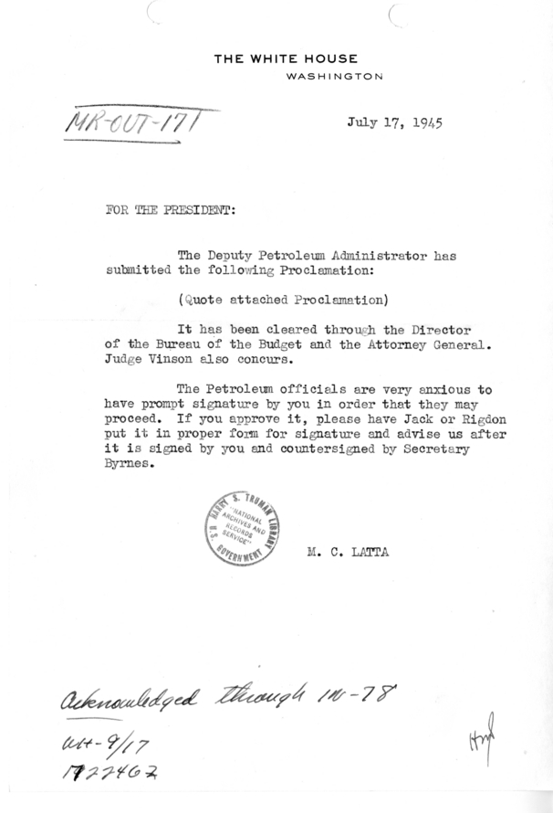 Memo for President Harry S. Truman from M.C. Latta [MR-OUT-171]