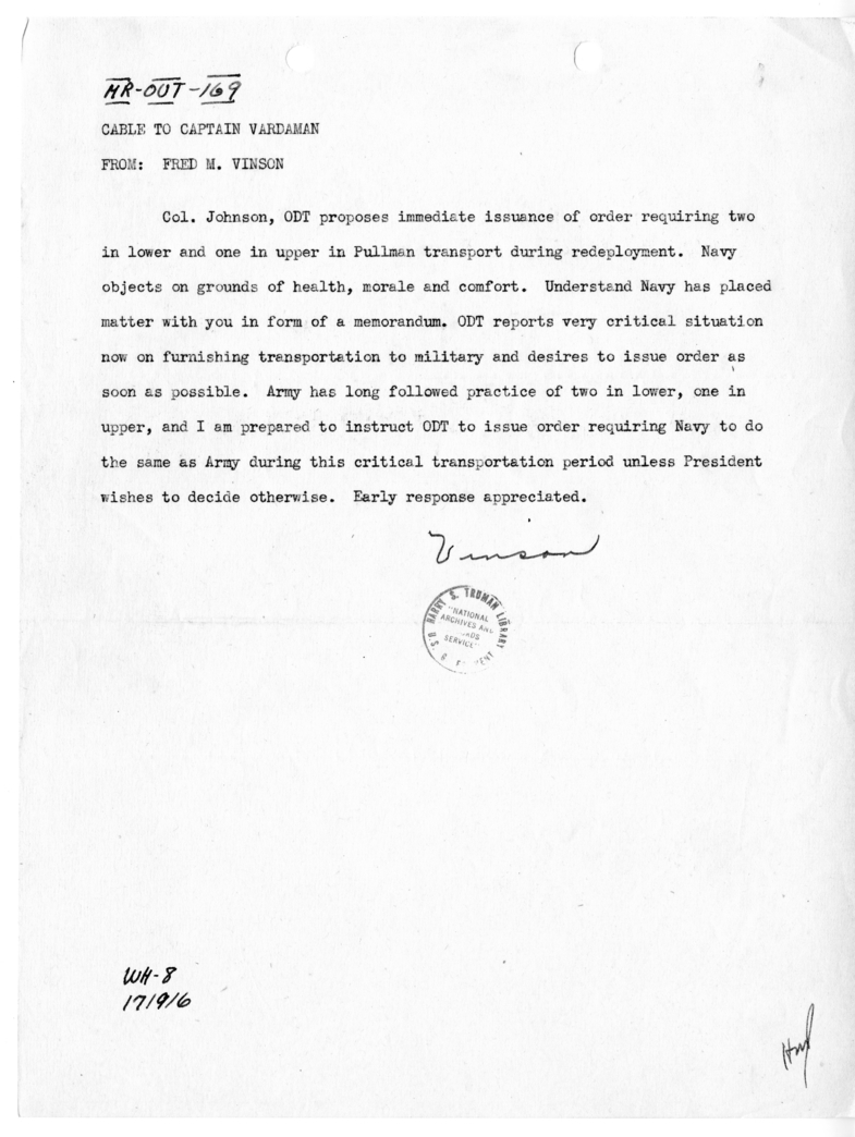 Cable from Fred M. Vinson to Captain James Vardaman [MR-OUT-169]