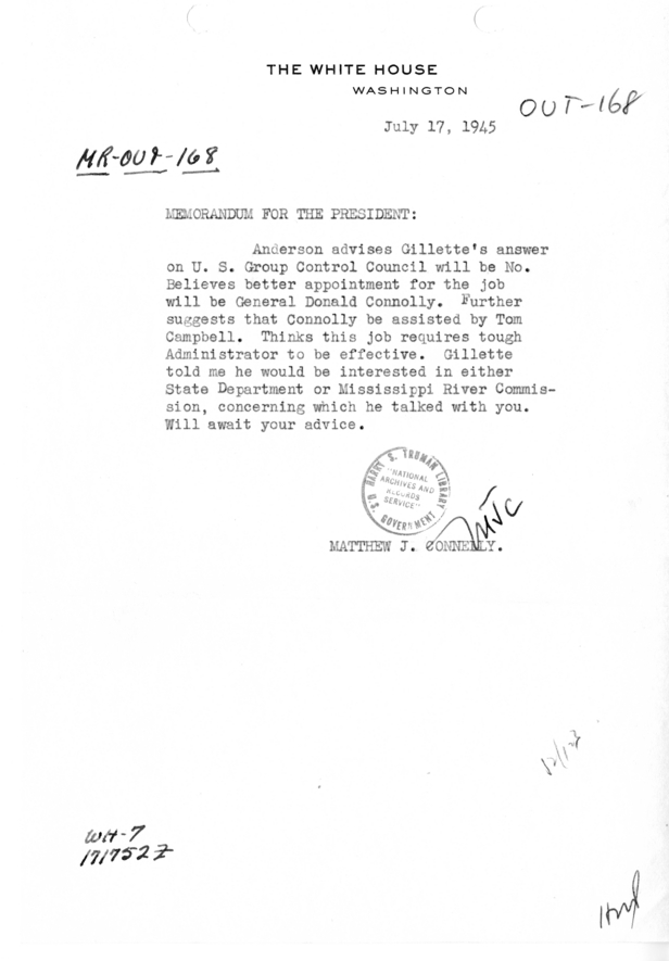 Memorandum from Matthew Connelly to President Harry S. Truman [MR-OUT-168]