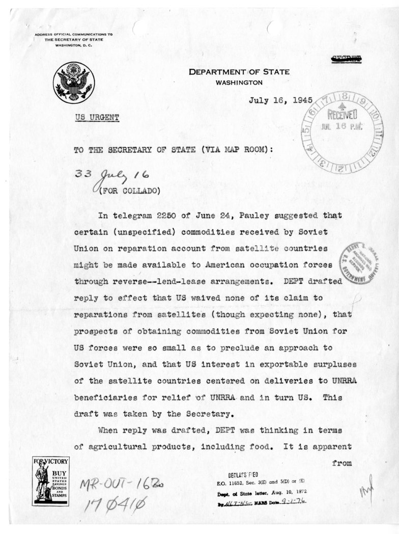 Memorandum from Acting Secretary of State Joseph Grew to Secretary of State James Byrnes