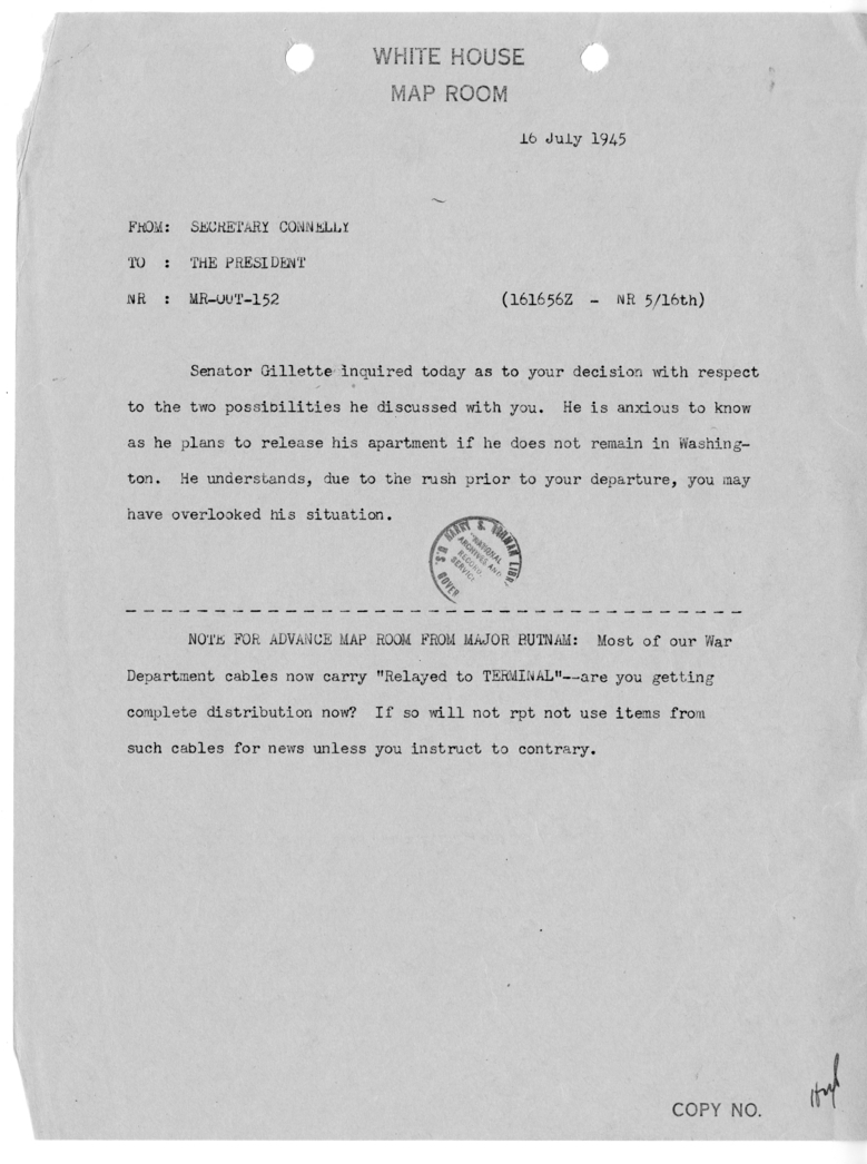 Cable from Matthew Connelly to President Harry S. Truman [MR-OUT-152]