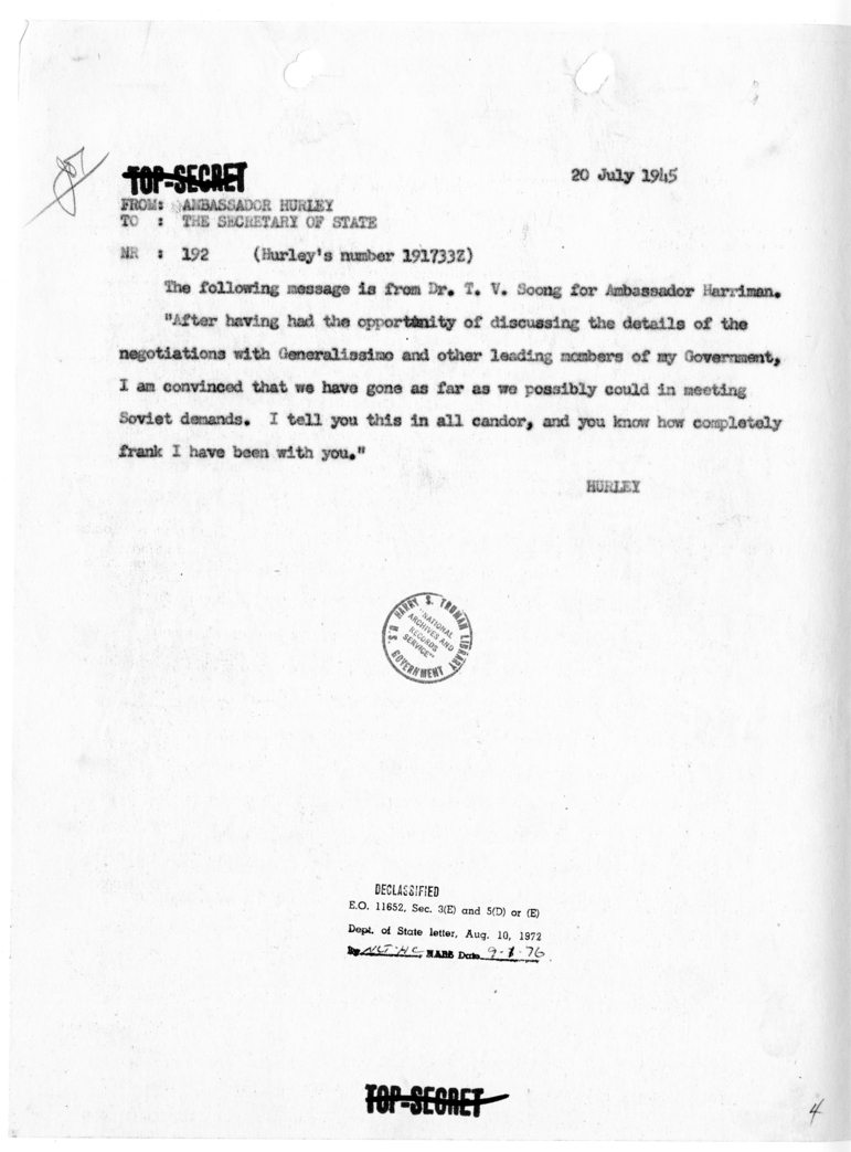 Cable from Ambassador Patrick Hurley to Secretary of State James Byrnes [NR 192]