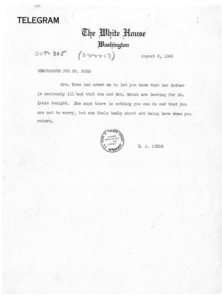 Memorandum for Charles Ross from Eben Ayers [MR-OUT-315]