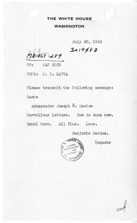 Memorandum from M. C. Latta to the Map Room [MR-OUT-289]