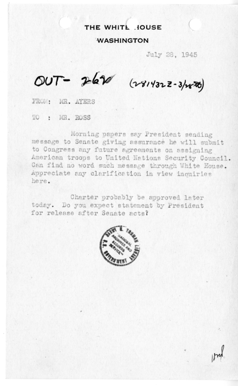 Memo from Eben Ayers to Charles Ross [MR-OUT-262]