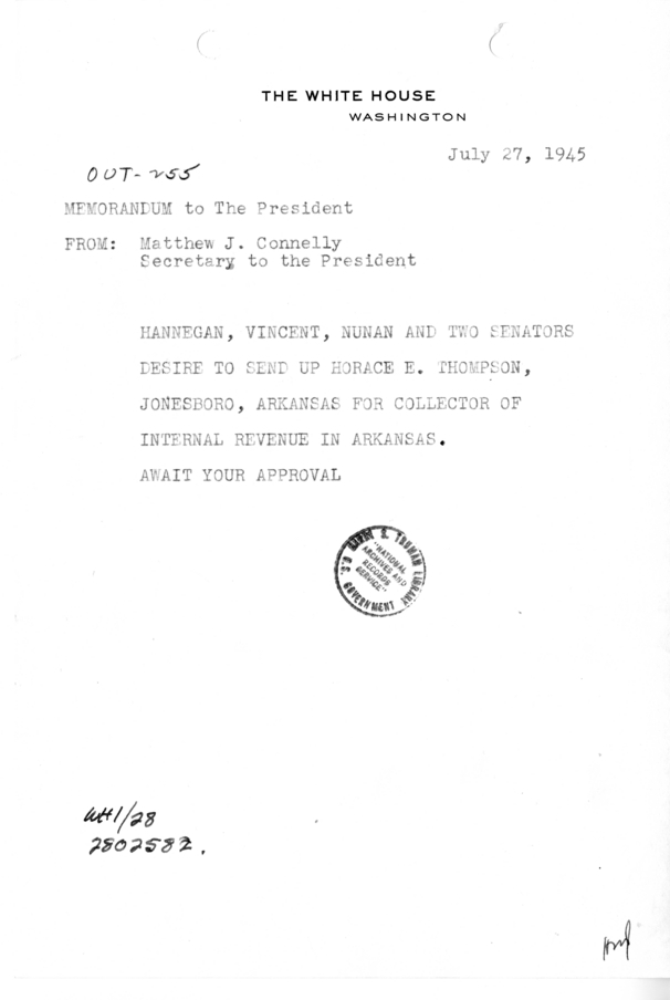 Memorandum from Matthew J. Connelly to President Harry S. Truman [OUT-255]