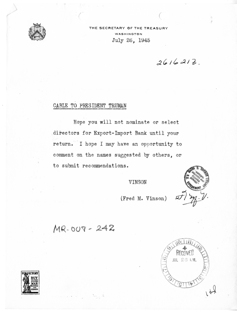 Cable from Fred M. Vinson to President Harry S. Truman