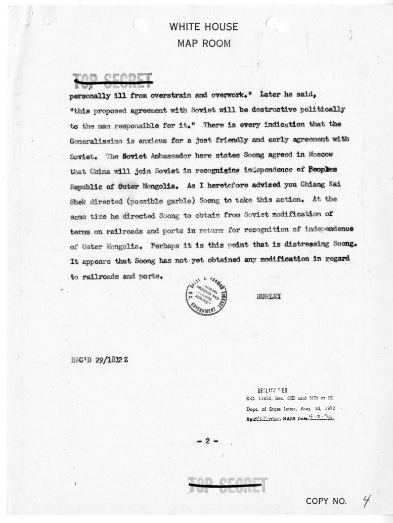 Cable from Ambassador Patrick Hurley to Secretary of State James Byrnes [NR 282]