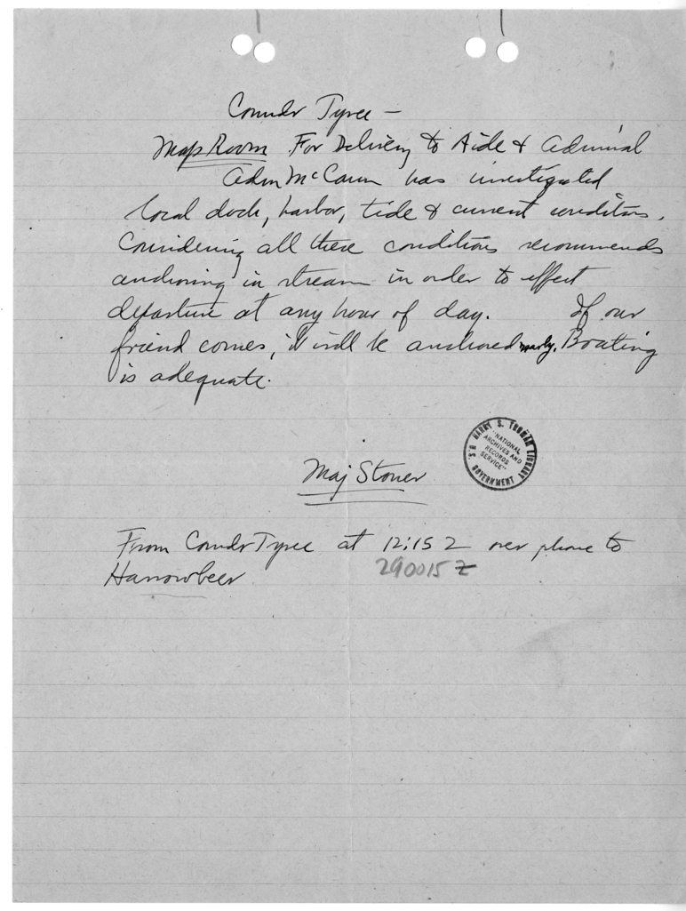 Handwritten Note from Major Stones to Commander Tyree