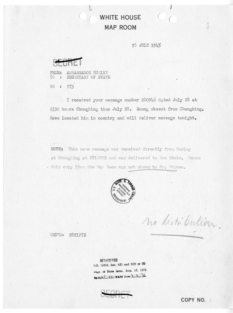 Cable from Ambassador Patrick Hurley to Secretary of State James Byrnes [NR 273]