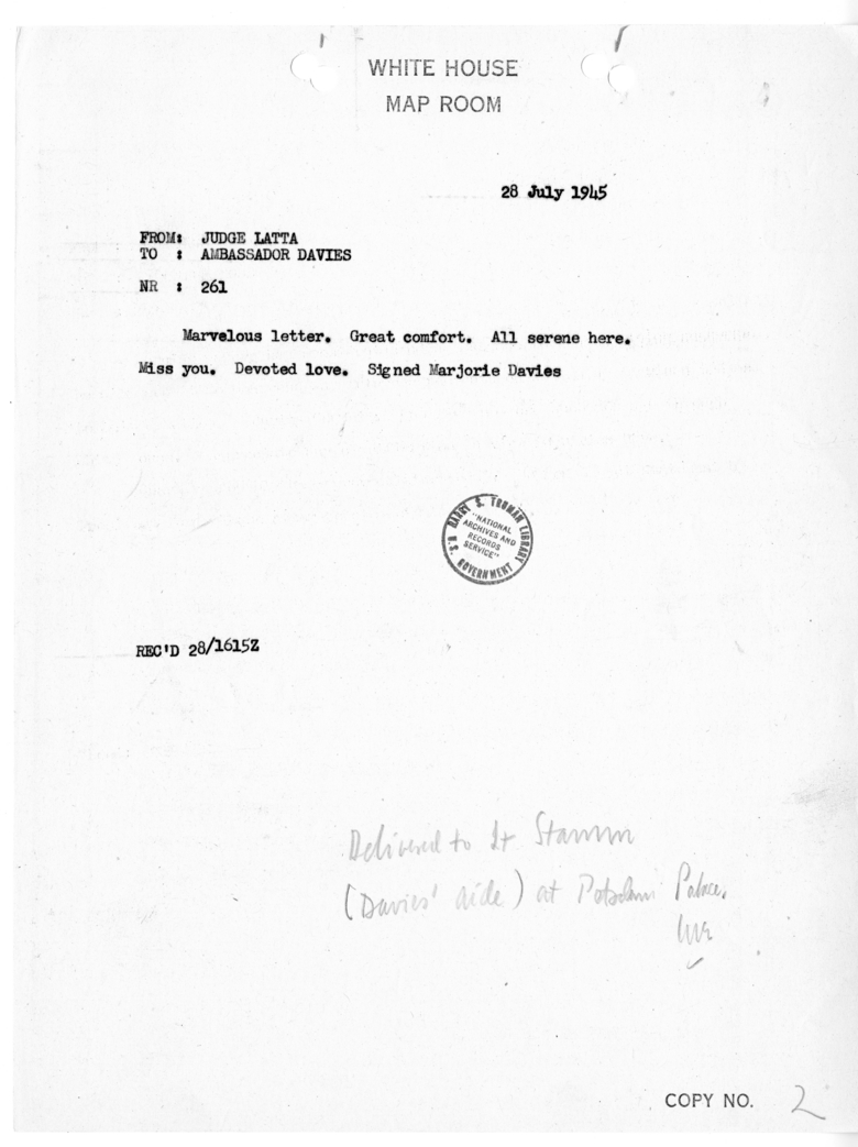 Cable from Judge Maurice C. Latta to Ambassador Joseph Davies [NR 261]