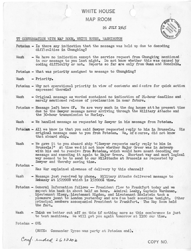 Teletype Conversation with the Map Room, White House, Washington