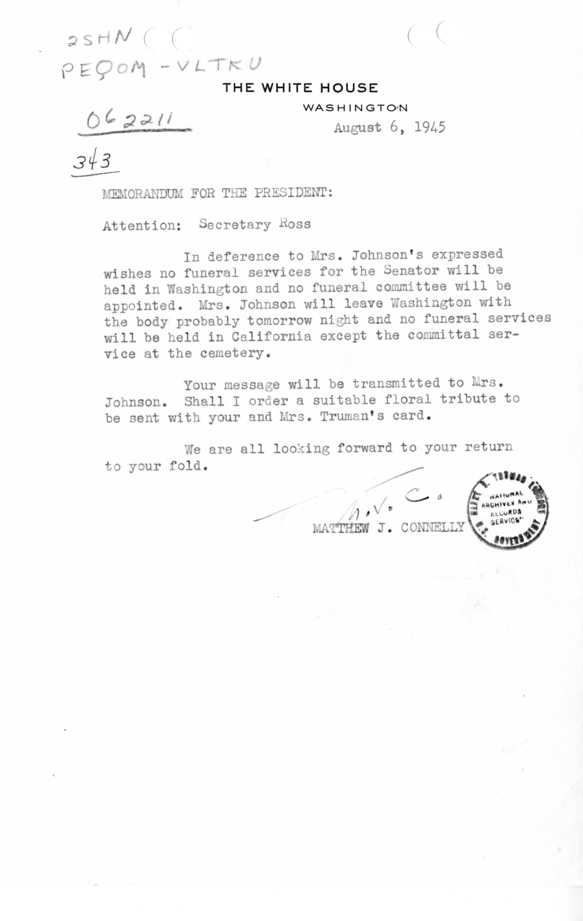 Memorandum from Matthew J. Connelly to President Harry S. Truman