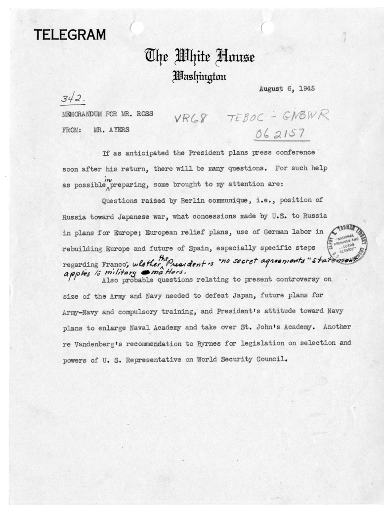 Memorandum from Eben Ayers to Charles G. Ross