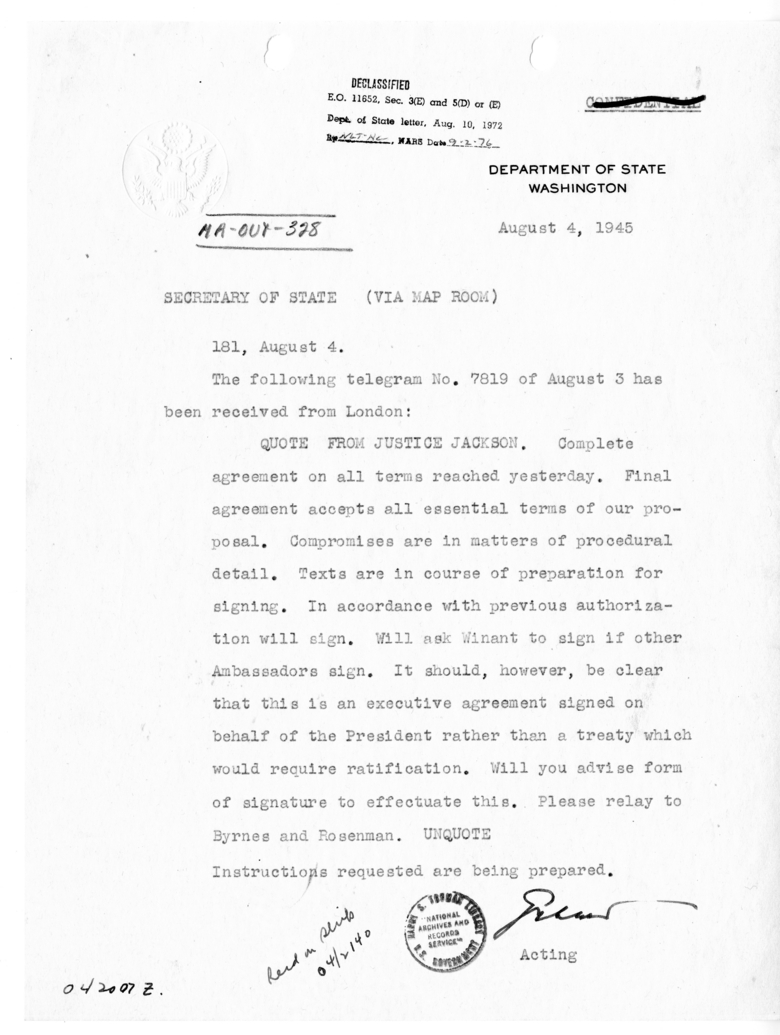 Cable from Acting Secretary of State Joseph Grew to Secretary of State James Byrnes [MR-OUT-328]