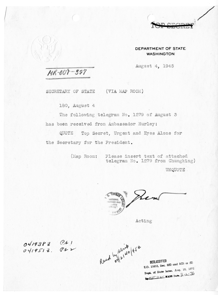 Cable from Acting Secretary of State Joseph Grew to Secretary of State James Byrnes [MR-OUT-327]