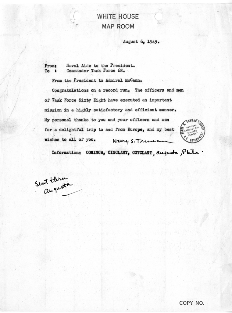 Cable from President Harry S. Truman to Admiral McCann