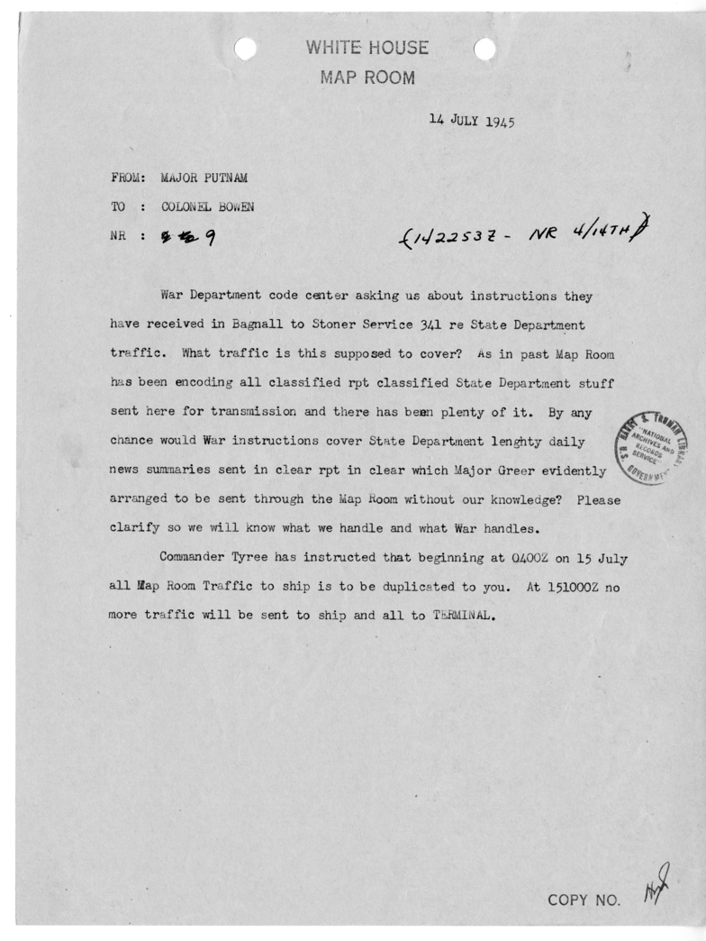 Cable from Major Putnam to Colonel Bowen [NR 9]