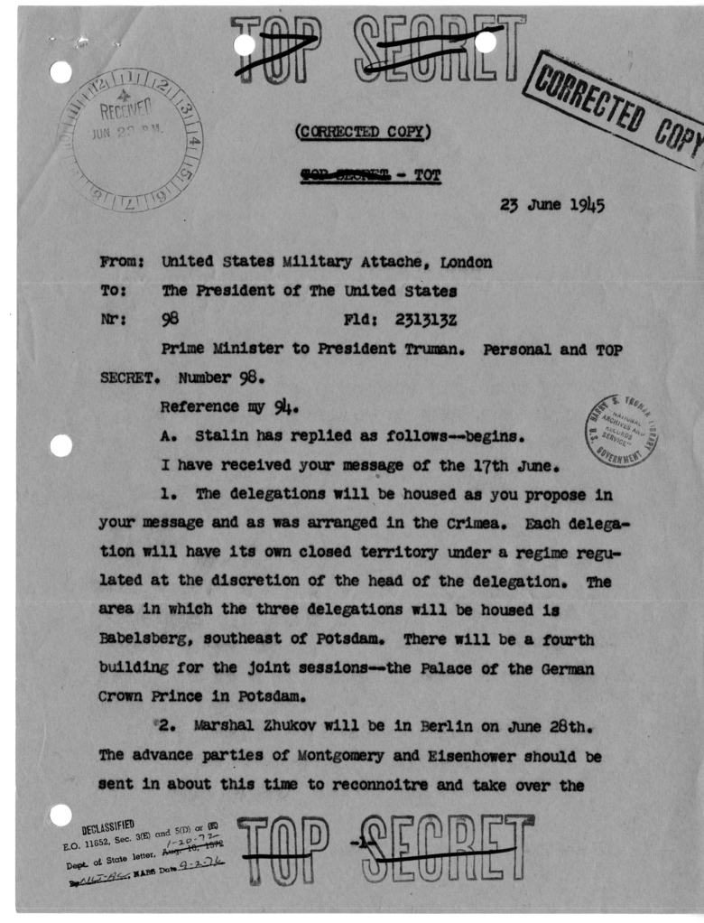 Cable from Prime Minister Winston Churchill to President Harry S. Truman [NR 98]