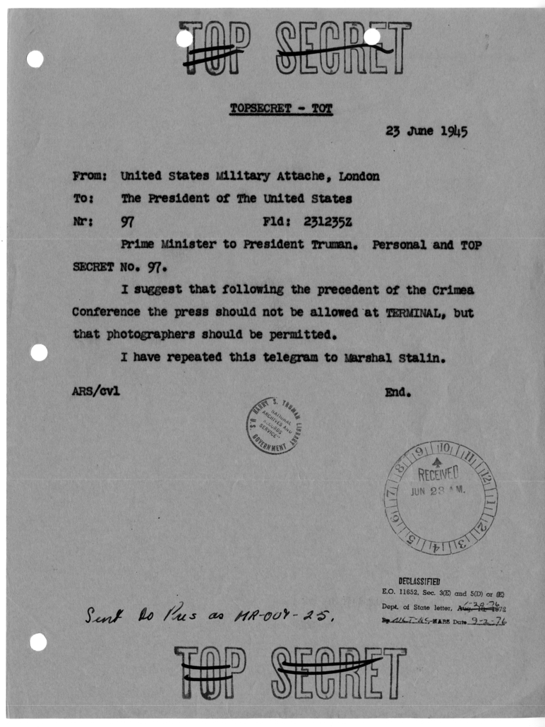 Cable from Prime Minister Winston Churchill to President Harry S. Truman [NR 97]