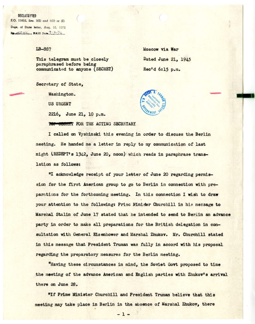Telegram from W. Averell Harriman for Acting Secretary of State Joseph Grew