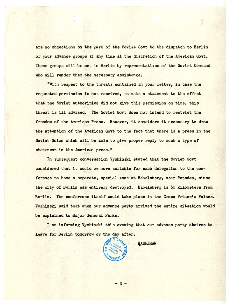 Telegram from W. Averell Harriman for Acting Secretary of State Joseph Grew