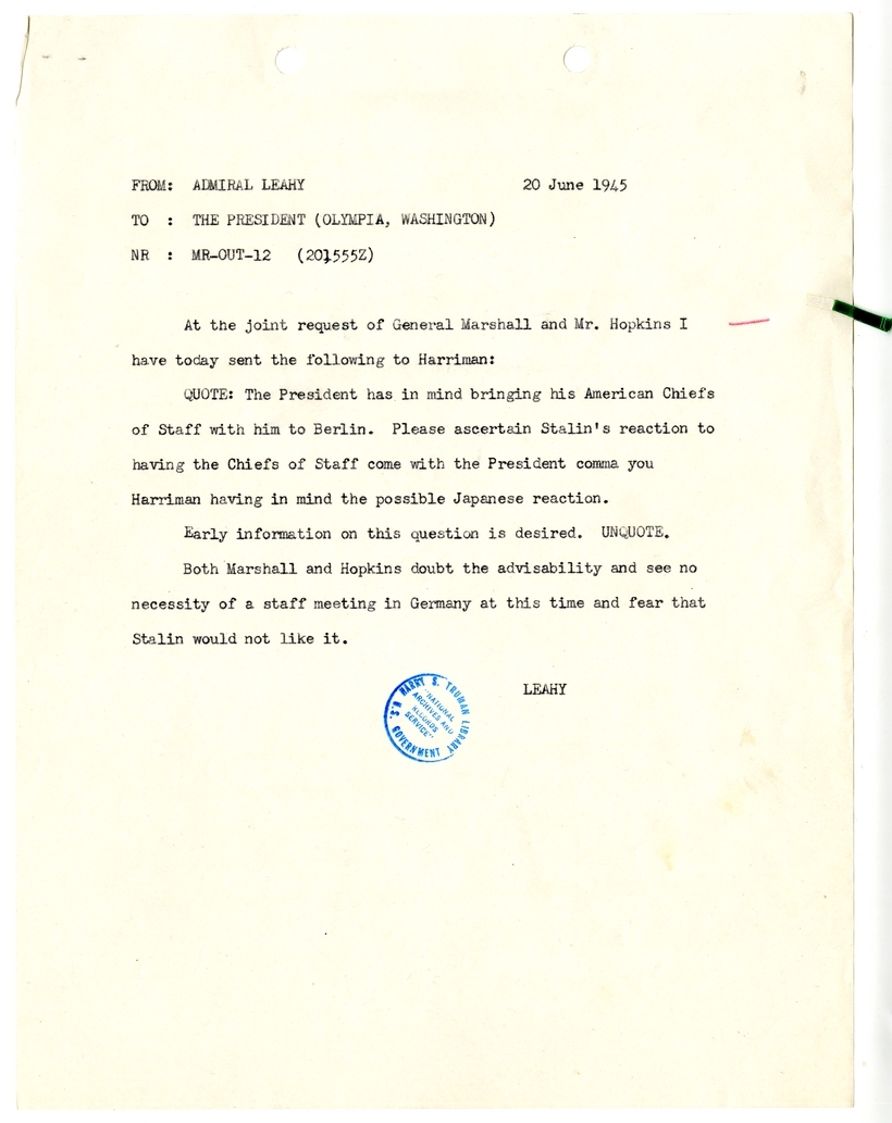 Cable from Admiral William Leahy to President Harry S. Truman [MR-OUT-12]