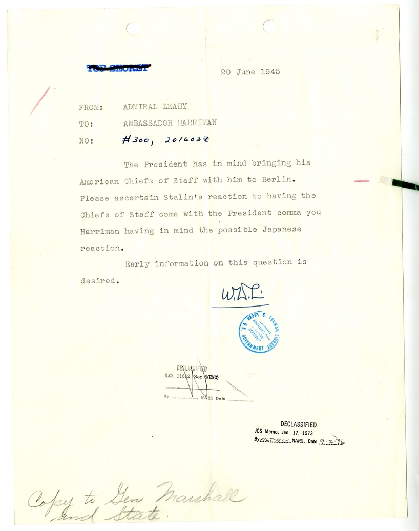 Cable from Admiral William Leahy to Ambassador W. Averell Harriman