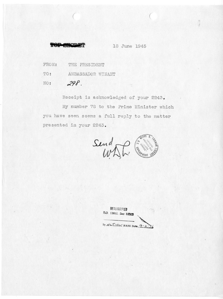 Cable from President Harry S. Truman to Ambassador John Winant [NR 298]