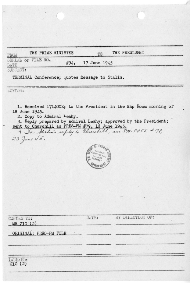 File Memo for Correspondence from Prime Minister Winston Churchill to President Harry S. Truman