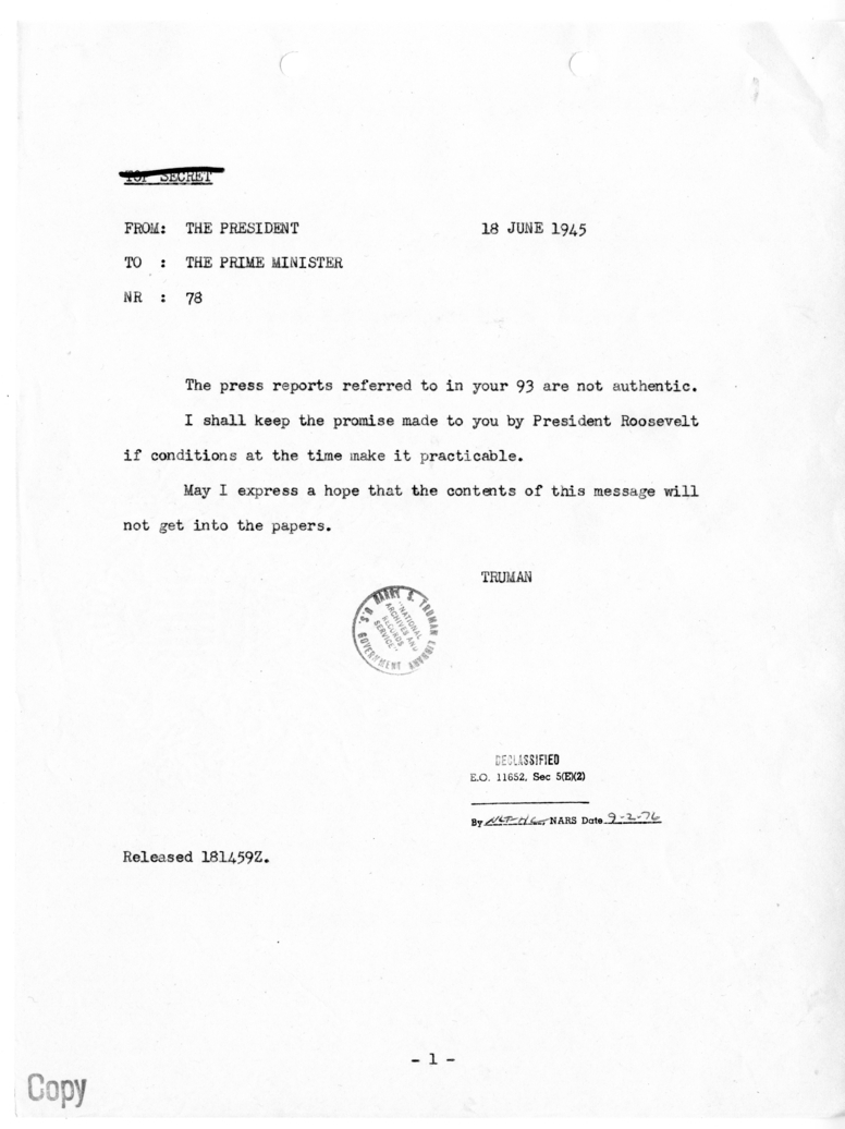 Cable from President Harry S. Truman to Prime Minister Winston Churchill [NR 78]