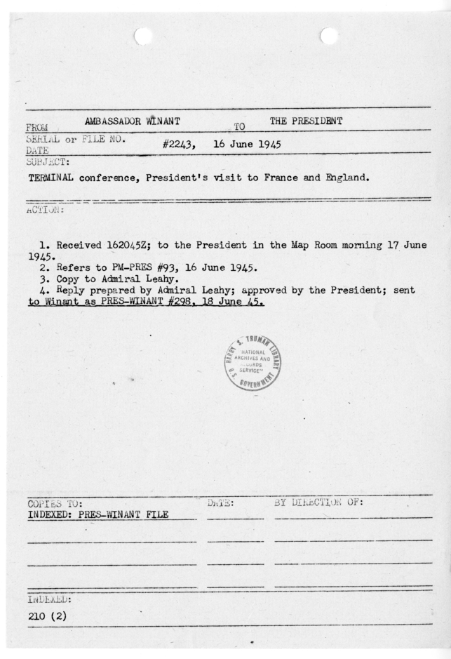 File Memo for Correspondence from Ambassador John G. Winant to President Harry S. Truman