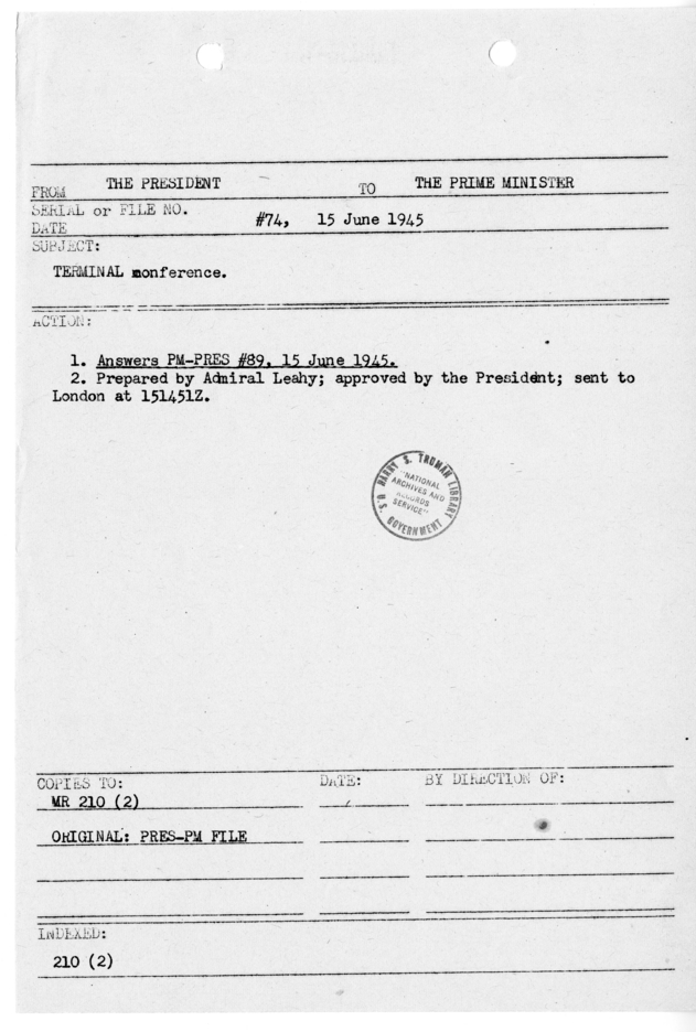 File Memo for Correspondence from President Harry S. Truman to Prime Minister Winston Churchill