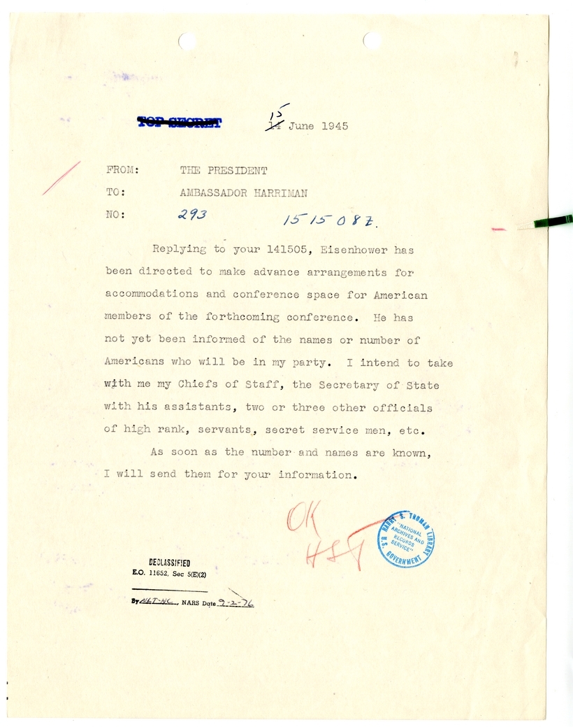 Cable from President Harry S. Truman to Ambassador W. Averell Harriman [NR 293]