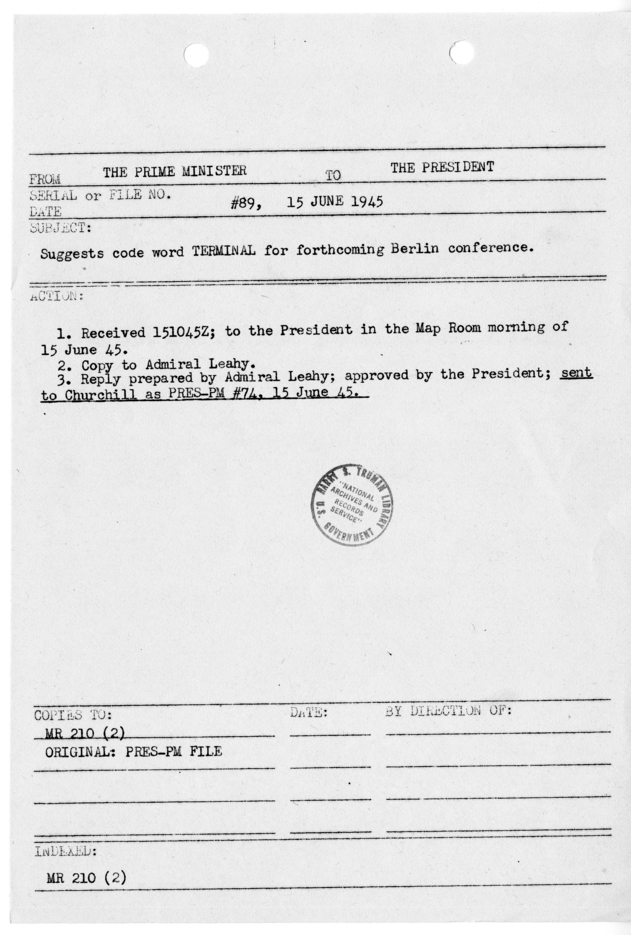 File Memo for Correspondence from Prime Minister Winston Churchill to President Harry S. Truman